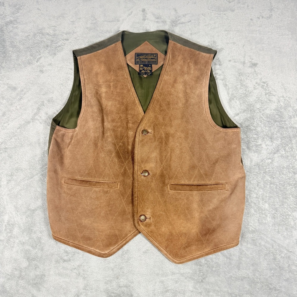 Vintage Eddie Bauer Mens Large Leather Suede Vest Quilted Cinch Back Brown Olive